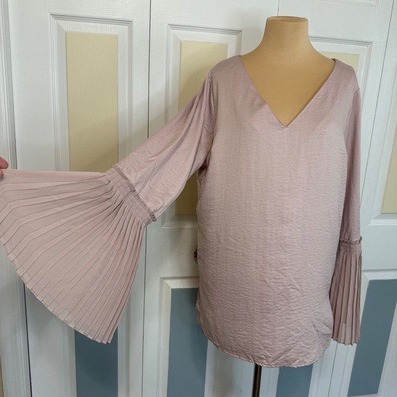 T.D.C. Tops - TDC Womens XL Mauve Pink V-Neck Pleated Bell Sleeve Tunic Blouse Hammered Satin